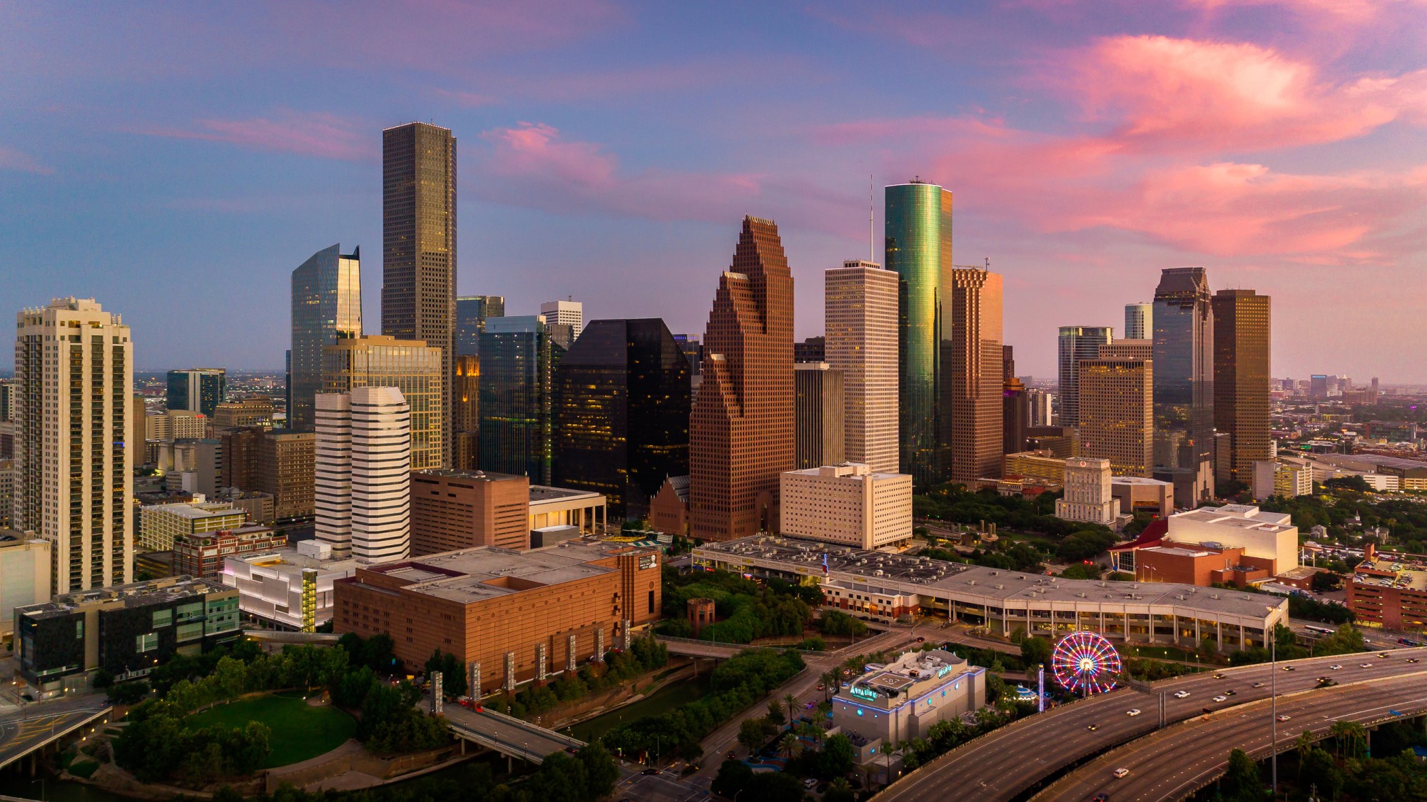 Downtown Houston skyline dusk 