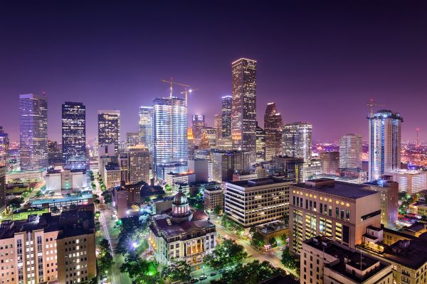 downtown Houston purple skyline